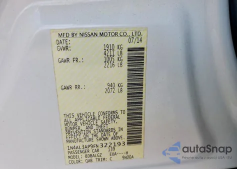 2015 Nissan Altima 2.5 z USA, uszkodzony, nr VIN 1N4AL3AP9FN322193